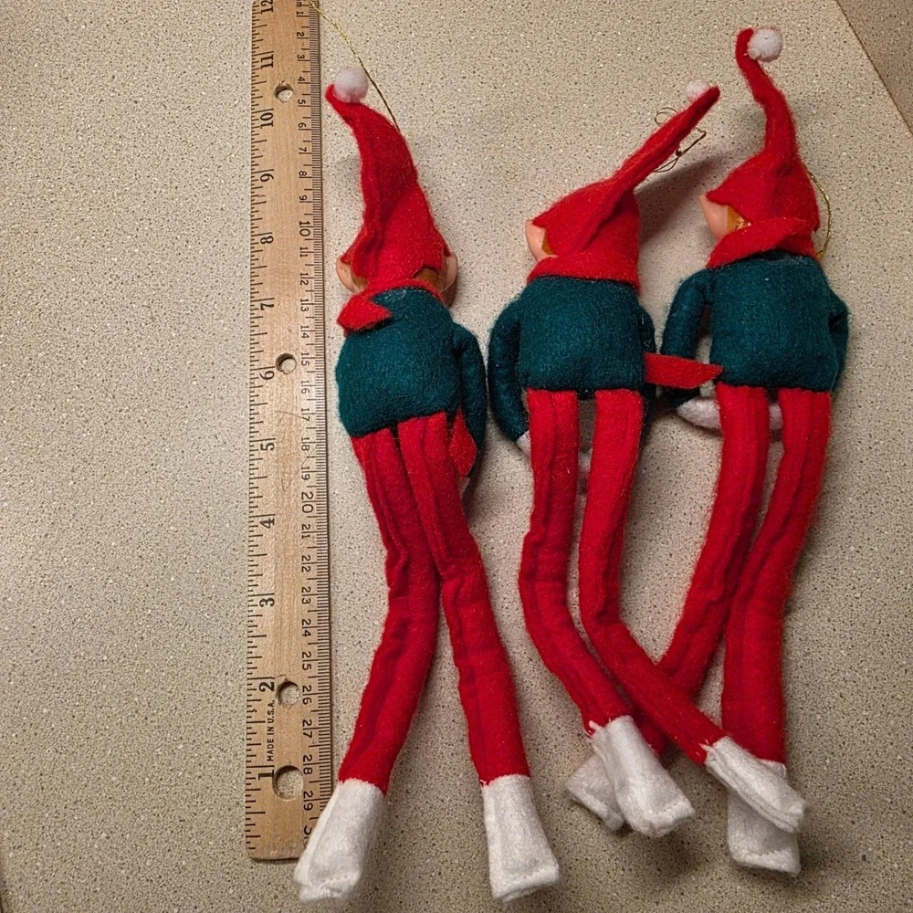 Vintage Knee Hugger Elf Christmas Ornaments Set of 3 Red Green 10 inch Retro